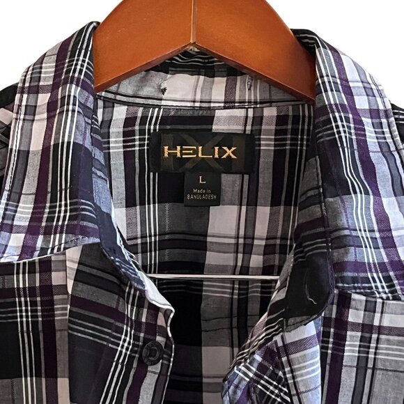 Helix Button Up Shirt Mens L Black White Checkered Plaid Western Roll Up Cuffs - Picture 5 of 12